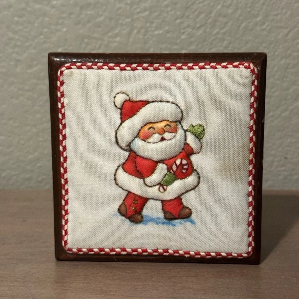 Vintage wooden Santa Embroidered Holiday Box